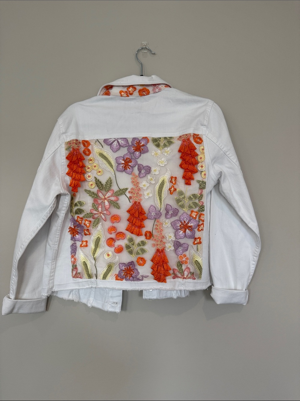 White Embroidered Floral Jean Jacket with Orange Accents